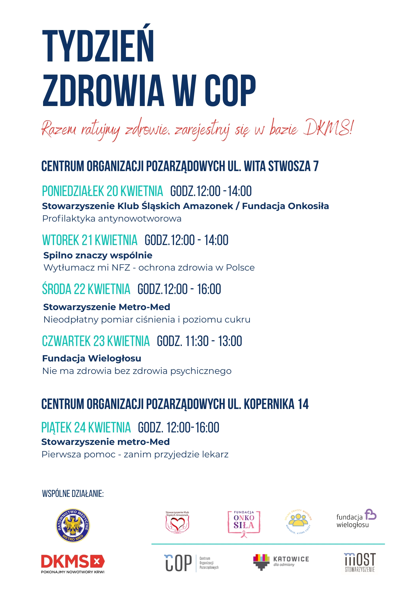 Plakat informacyjny wraz ze szczegółowym harmonogramem wydarzeń podczas "Tygodnia Zdrowia w COP" 